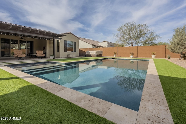 view of pool with a fenced in pool, a yard, a patio, a grill, and a fenced backyard