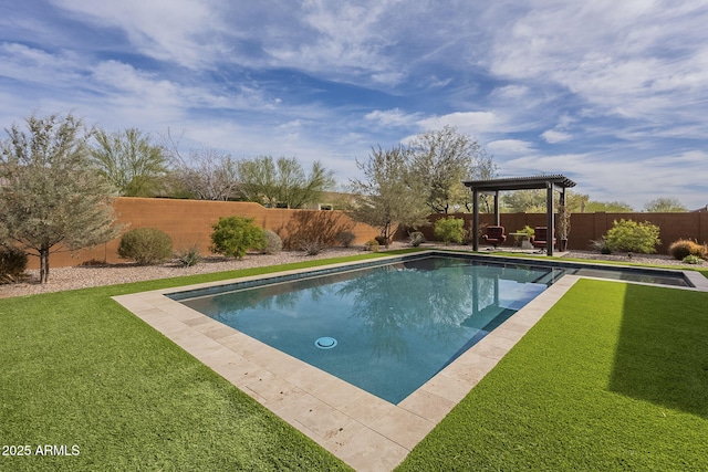 view of swimming pool with a yard, a patio area, a fenced backyard, and a fenced in pool