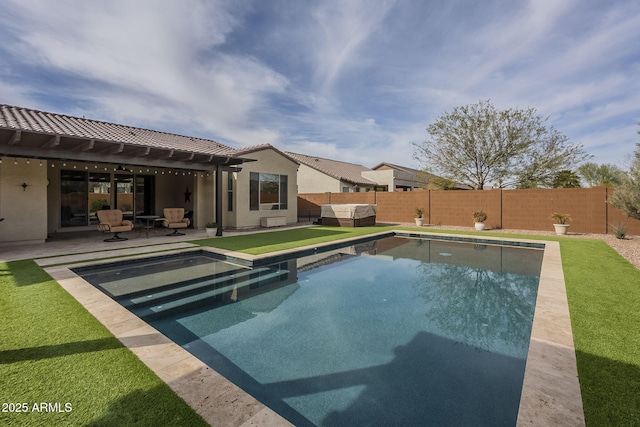 view of pool featuring a patio, outdoor lounge area, and a fenced backyard