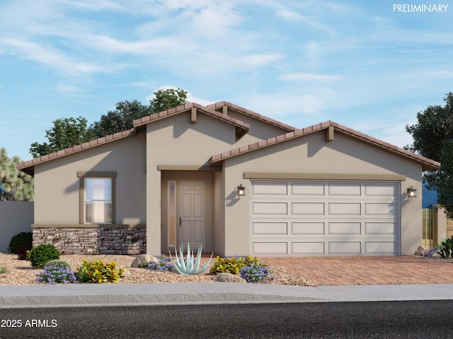 view of front of property featuring a garage, stone siding, decorative driveway, and stucco siding