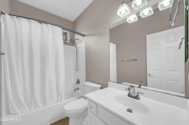 bathroom with shower / tub combo with curtain, toilet, and vanity
