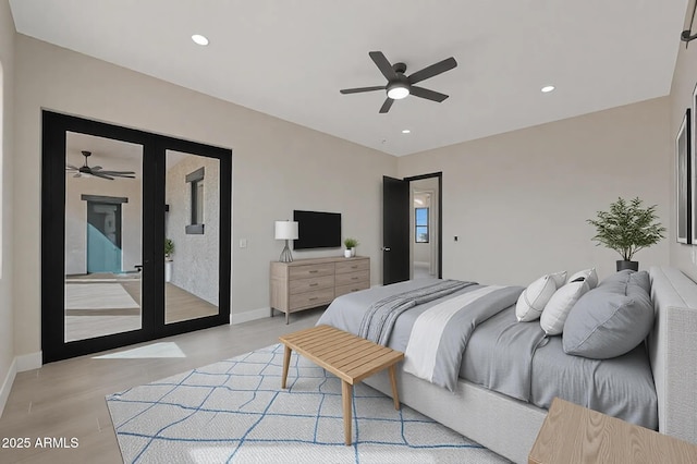 bedroom with light wood-style floors, baseboards, french doors, and recessed lighting