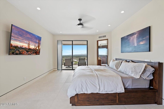 bedroom with ceiling fan and access to outside