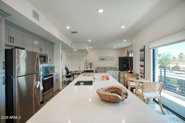 kitchen featuring gray cabinetry, hardwood / wood-style flooring, stainless steel appliances, and sink