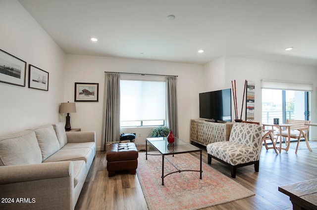 living room with light hardwood / wood-style flooring