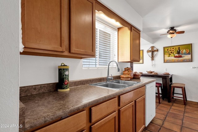 kitchen featuring dark countertops, white dishwasher, a sink, ceiling fan, and dark tile patterned floors