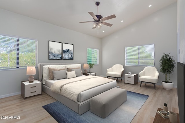 bedroom featuring lofted ceiling, recessed lighting, light wood-type flooring, and baseboards