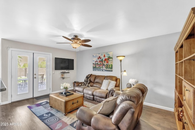 4547 E Buist Ave, Phoenix, AZ 85044 - living room featuring a ceiling fan, french doors, and wood finished floors