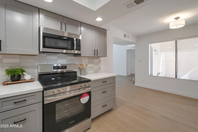 kitchen featuring light countertops, appliances with stainless steel finishes, gray cabinets, and visible vents