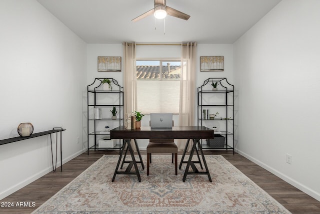 office space featuring ceiling fan and dark hardwood / wood-style flooring