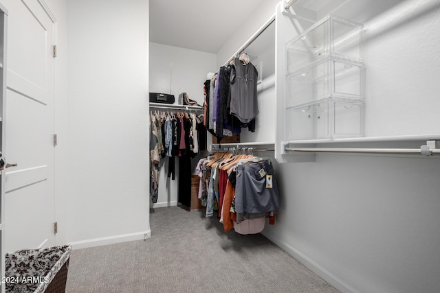 walk in closet featuring light carpet