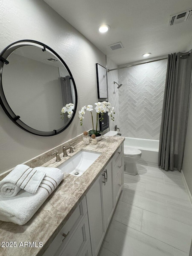 bathroom with vanity, shower / bathtub combination with curtain, visible vents, recessed lighting, and toilet