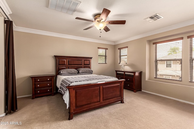 5840 E Holmes Ave, Mesa, AZ 85206 - bedroom featuring crown molding, baseboards, light carpet, and ceiling fan