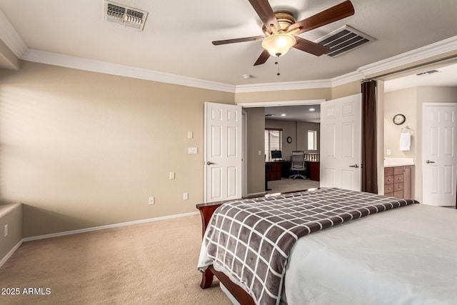 5840 E Holmes Ave, Mesa, AZ 85206 - bedroom with carpet floors, baseboards, ornamental molding, a desk, and ceiling fan