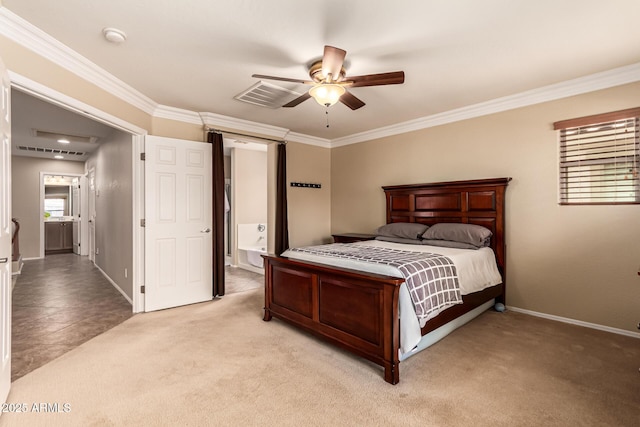 5840 E Holmes Ave, Mesa, AZ 85206 - bedroom with ornamental molding, light colored carpet, baseboards, ensuite bath, and ceiling fan