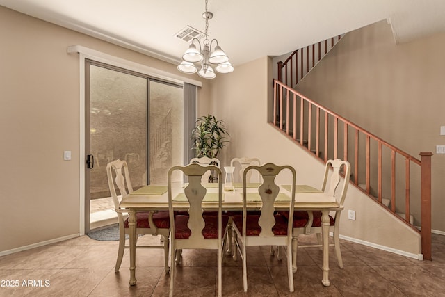 5840 E Holmes Ave, Mesa, AZ 85206 - dining area featuring stairway, a chandelier, baseboards, and tile patterned flooring