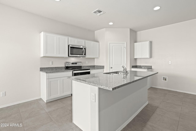 1343 W Hess Ave, Coolidge, AZ 85128 - kitchen featuring a sink, visible vents, white cabinets, light stone countertops, and appliances with stainless steel finishes