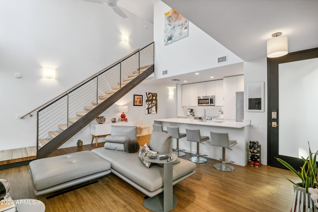 living room featuring a towering ceiling and light hardwood / wood-style floors