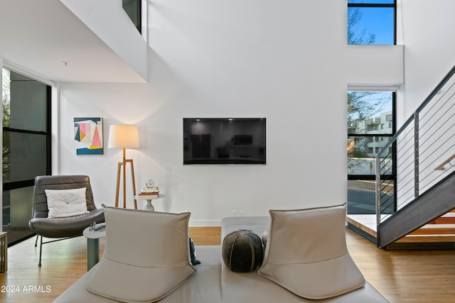 living room featuring a high ceiling and hardwood / wood-style flooring