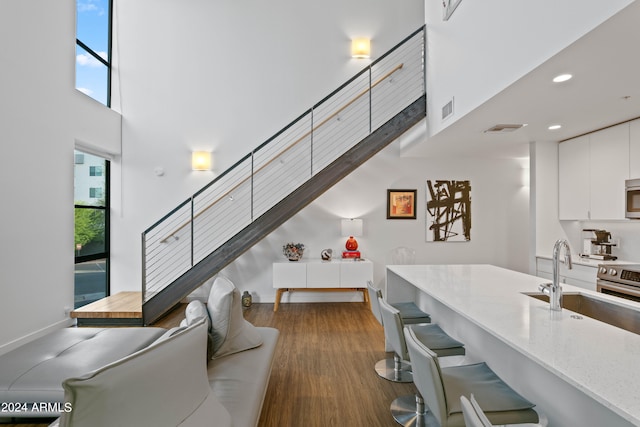 interior space with a high ceiling, sink, and dark hardwood / wood-style flooring