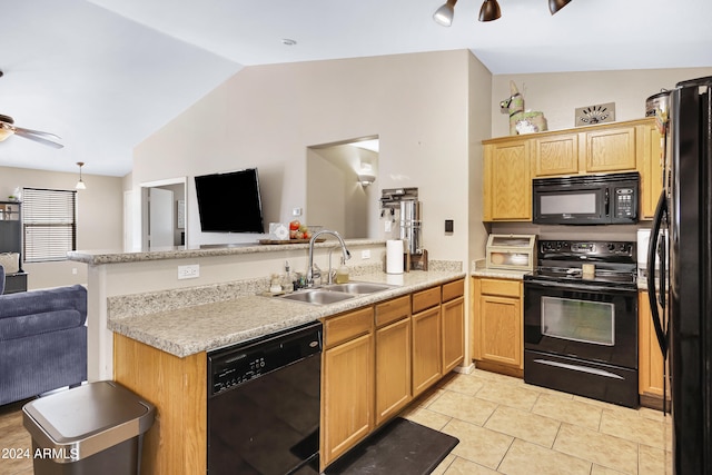 kitchen featuring vaulted ceiling, sink, kitchen peninsula, black appliances, and light tile patterned floors