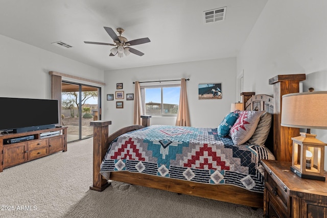 carpeted bedroom with ceiling fan and access to outside