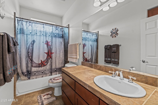 full bathroom featuring shower / bath combo with shower curtain, toilet, tile patterned flooring, and vanity