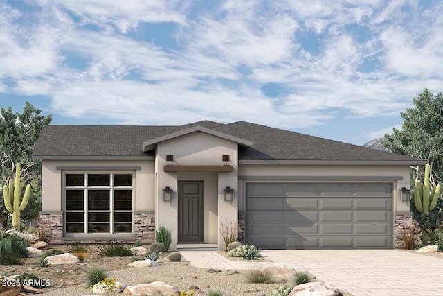 19317 W San Juan Ave, Litchfield Park, AZ 85340 - single story home featuring stone siding, stucco siding, an attached garage, and decorative driveway