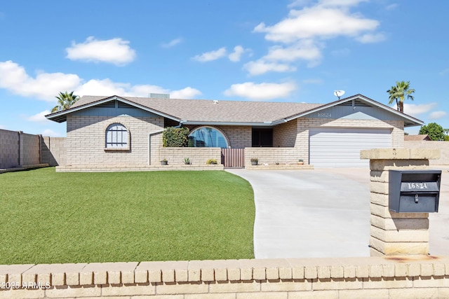 ranch-style house with fence, concrete driveway, an attached garage, a front yard, and brick siding