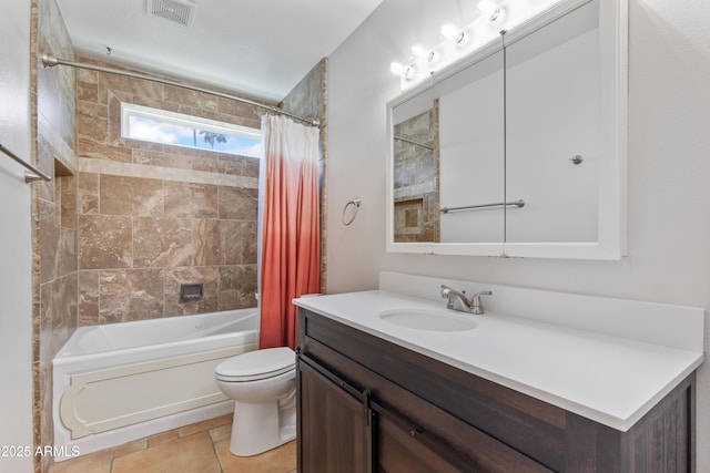 full bathroom with vanity, toilet, shower / bathtub combination with curtain, and visible vents