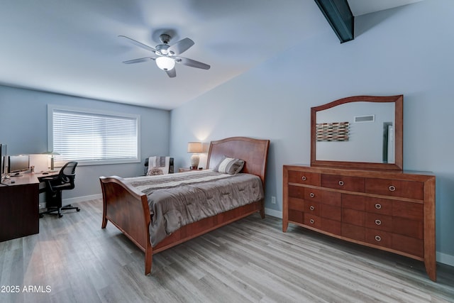 bedroom featuring ceiling fan and light hardwood / wood-style flooring