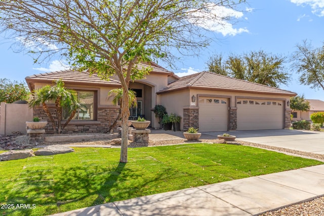 view of front of house featuring stucco siding, concrete driveway, an attached garage, stone siding, and a front lawn