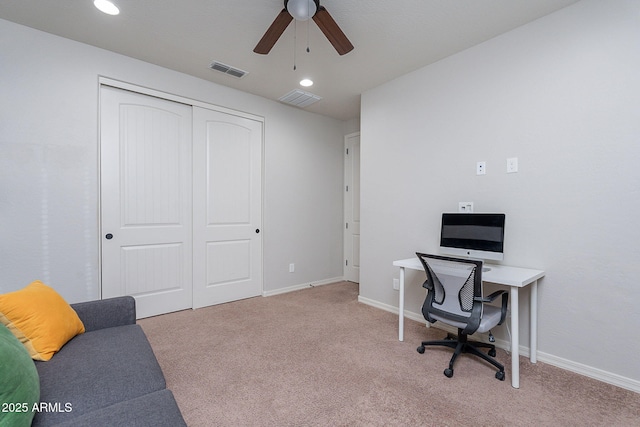 22771 N 98th Dr, Peoria, AZ 85383 - home office featuring a ceiling fan, carpet flooring, baseboards, and recessed lighting
