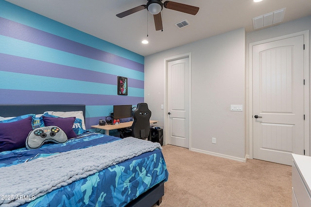 22771 N 98th Dr, Peoria, AZ 85383 - bedroom with light carpet, baseboards, recessed lighting, and ceiling fan