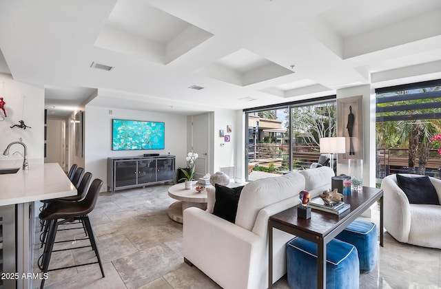 7141 E Rancho Vista Dr Unit 6007, Scottsdale, AZ 85251 - living room featuring coffered ceiling and beamed ceiling