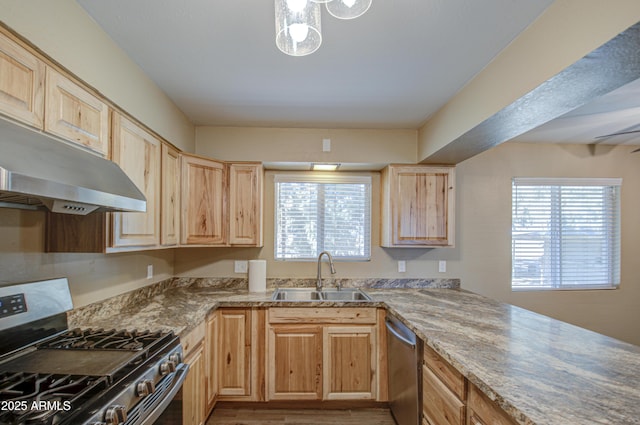 kitchen featuring stainless steel appliances, sink, light brown cabinets, and plenty of natural light