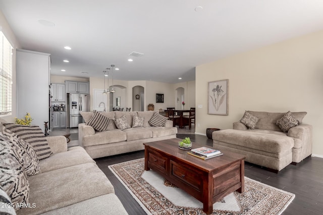 living room featuring dark hardwood / wood-style floors and sink