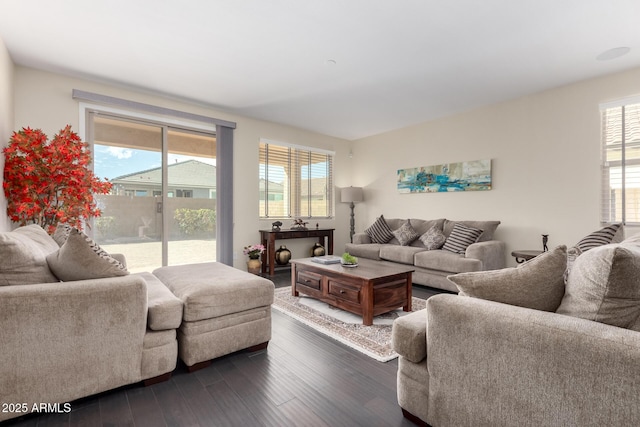 living room with dark hardwood / wood-style floors and a healthy amount of sunlight