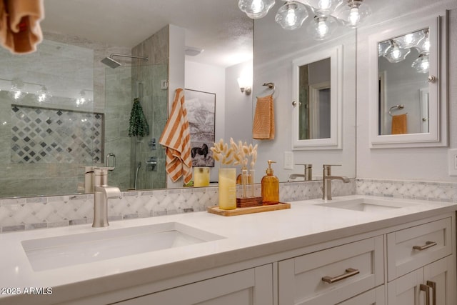 bathroom featuring vanity and a shower with shower door