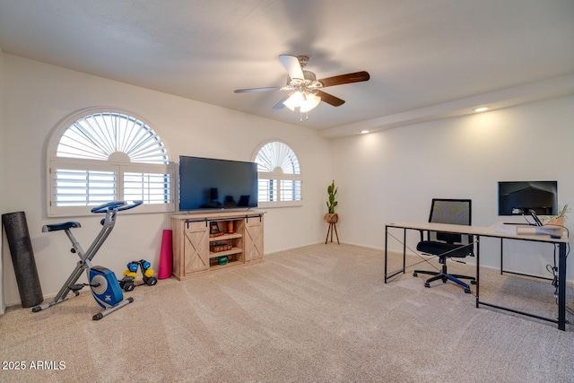 home office featuring ceiling fan, plenty of natural light, and carpet flooring