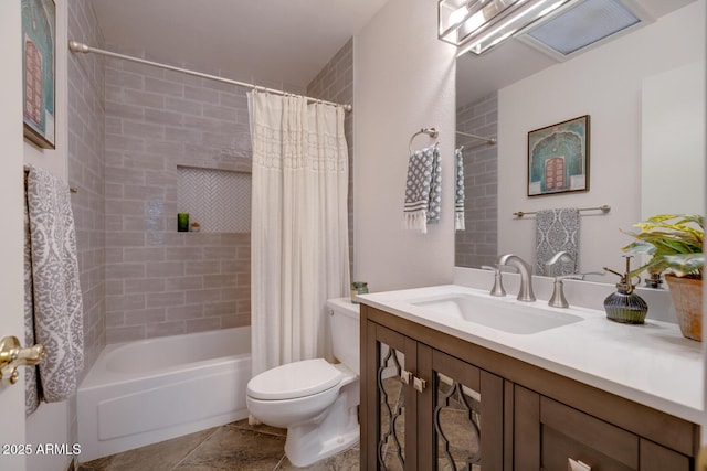 full bathroom featuring vanity, shower / bath combination with curtain, and toilet