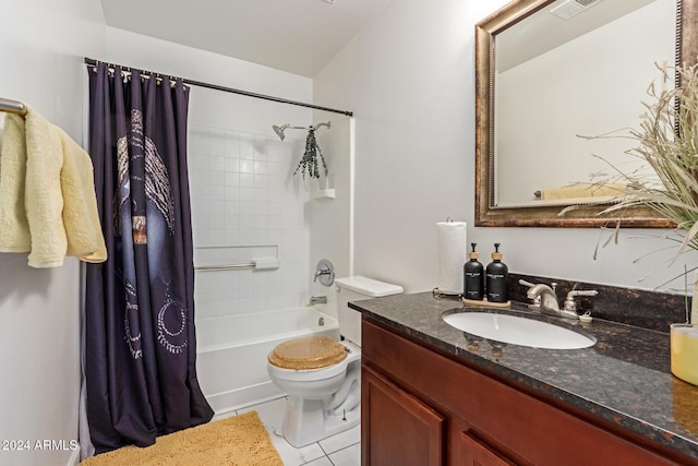 full bathroom with tile patterned flooring, vanity, toilet, and shower / bathtub combination with curtain