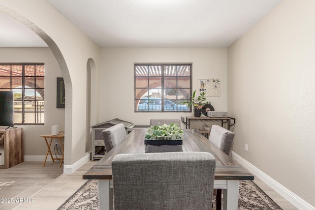 dining room featuring a wealth of natural light, light wood finished floors, and baseboards