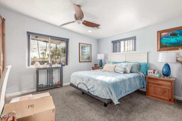 carpeted bedroom with recessed lighting, visible vents, baseboards, and a ceiling fan