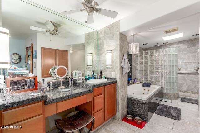 bathroom with visible vents, a walk in shower, a jetted tub, tile walls, and tile patterned flooring