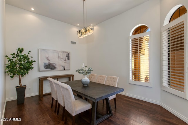 dining room with visible vents, baseboards, dark wood-type flooring, and recessed lighting