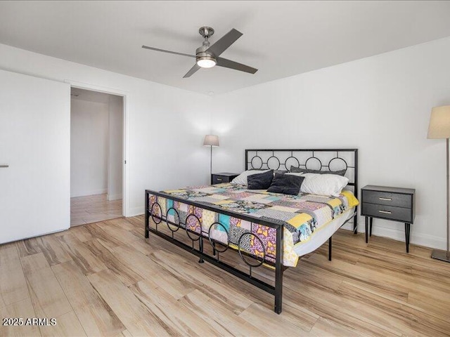 bedroom with light hardwood / wood-style flooring and ceiling fan