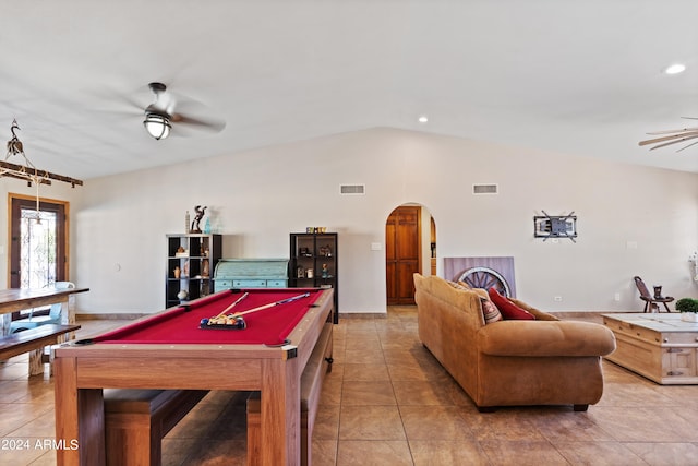 recreation room with tile patterned flooring, vaulted ceiling, ceiling fan, and pool table