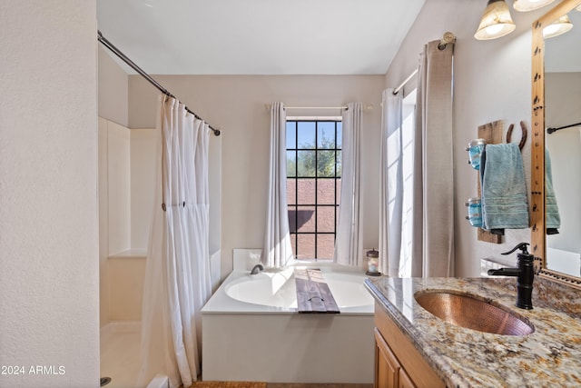 bathroom with vanity and separate shower and tub