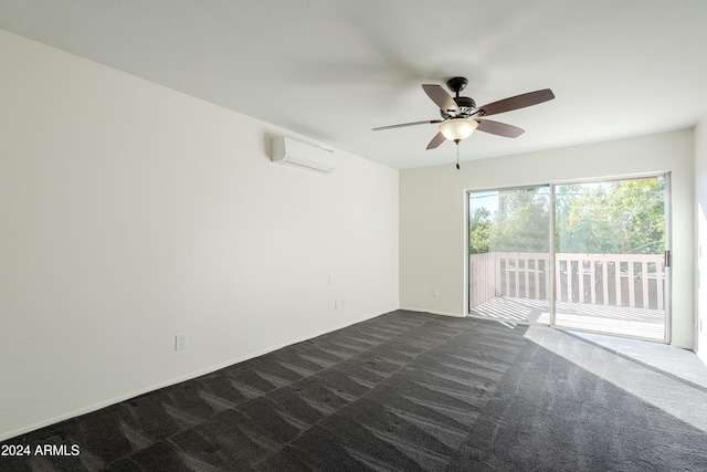 carpeted spare room with an AC wall unit and ceiling fan